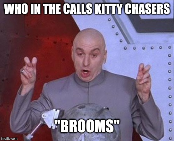 Dr Evil Laser | WHO IN THE CALLS KITTY CHASERS; "BROOMS" | image tagged in memes,dr evil laser | made w/ Imgflip meme maker
