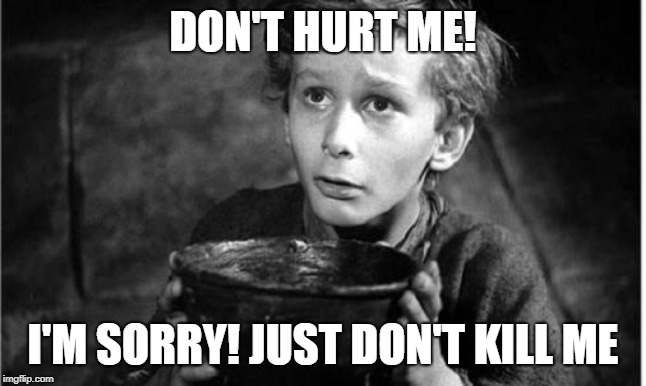 Begging | DON'T HURT ME! I'M SORRY! JUST DON'T KILL ME | image tagged in begging | made w/ Imgflip meme maker