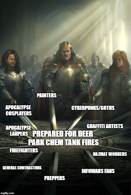 Knights of the Round Table | PAINTERS; CYBERPUNKS/GOTHS; APOCALYPSE COSPLAYERS; GRAFFITI ARTISTS; APOCALYPSE LARPERS; PREPARED FOR DEER PARK CHEM TANK FIRES; FIREFIGHTERS; HAZMAT WORKERS; GENERAL CONTRACTORS; INFOWARS FANS; PREPPERS | image tagged in knights of the round table | made w/ Imgflip meme maker