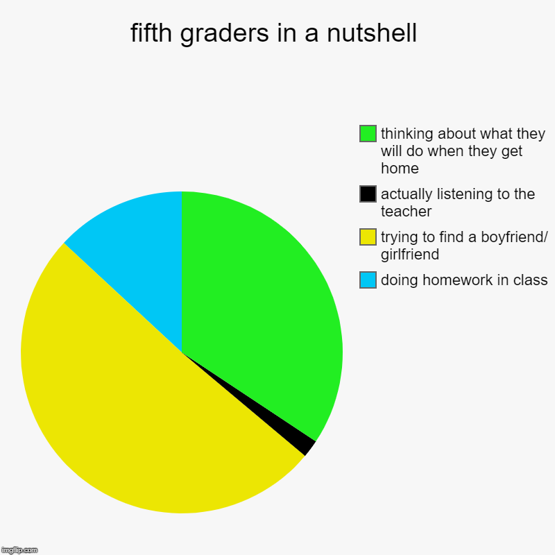 fifth graders in a nutshell | doing homework in class, trying to find a boyfriend/ girlfriend , actually listening to the teacher , thinking | image tagged in charts,pie charts | made w/ Imgflip chart maker