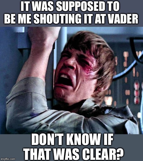 Luke Skywalker Crying | IT WAS SUPPOSED TO BE ME SHOUTING IT AT VADER DON’T KNOW IF THAT WAS CLEAR? | image tagged in luke skywalker crying | made w/ Imgflip meme maker