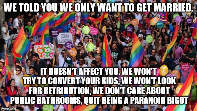lgbt  | WE TOLD YOU WE ONLY WANT TO GET MARRIED. IT DOESN'T AFFECT YOU, WE WON'T TRY TO CONVERT YOUR KIDS, WE WON'T LOOK FOR RETRIBUTION, WE DON'T CARE ABOUT PUBLIC BATHROOMS, QUIT BEING A PARANOID BIGOT | image tagged in lgbt | made w/ Imgflip meme maker