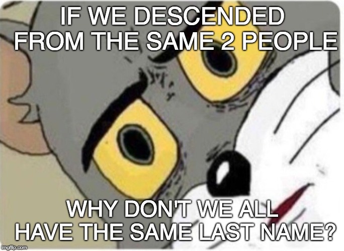 Tom and Jerry meme | IF WE DESCENDED FROM THE SAME 2 PEOPLE; WHY DON'T WE ALL HAVE THE SAME LAST NAME? | image tagged in tom and jerry meme | made w/ Imgflip meme maker