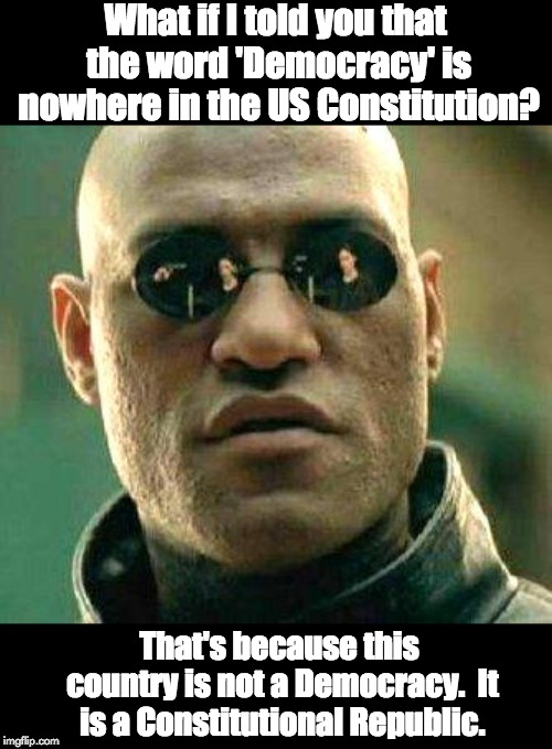 What if i told you | What if I told you that the word 'Democracy' is nowhere in the US Constitution? That's because this country is not a Democracy.  It is a Constitutional Republic. | image tagged in what if i told you | made w/ Imgflip meme maker