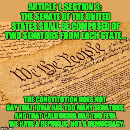 US Constitution | ARTICLE 1, SECTION 3: THE SENATE OF THE UNITED STATES SHALL BE COMPOSED OF TWO SENATORS FROM EACH STATE... THE CONSTITUTION DOES NOT SAY THAT IOWA HAS TOO MANY SENATORS, AND THAT CALIFORNIA HAS TOO FEW.   WE HAVE A REPUBLIC, NOT A DEMOCRACY. | image tagged in us constitution | made w/ Imgflip meme maker