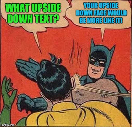 Batman Slapping Robin Meme | WHAT UPSIDE DOWN TEXT? YOUR UPSIDE DOWN FACE WOULD BE MORE LIKE IT! | image tagged in memes,batman slapping robin | made w/ Imgflip meme maker