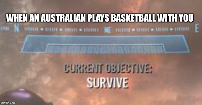 Current Objective: Survive | WHEN AN AUSTRALIAN PLAYS BASKETBALL WITH YOU | image tagged in current objective survive,memes,australians,basketball | made w/ Imgflip meme maker