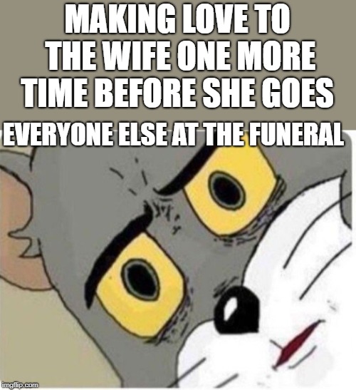 Tom and Jerry meme | MAKING LOVE TO THE WIFE ONE MORE TIME BEFORE SHE GOES; EVERYONE ELSE AT THE FUNERAL | image tagged in tom and jerry meme | made w/ Imgflip meme maker