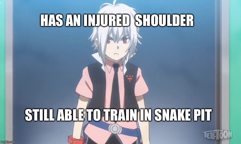 Beyblade burst meme | HAS AN INJURED  SHOULDER; STILL ABLE TO TRAIN IN SNAKE PIT | image tagged in beyblade burst meme | made w/ Imgflip meme maker