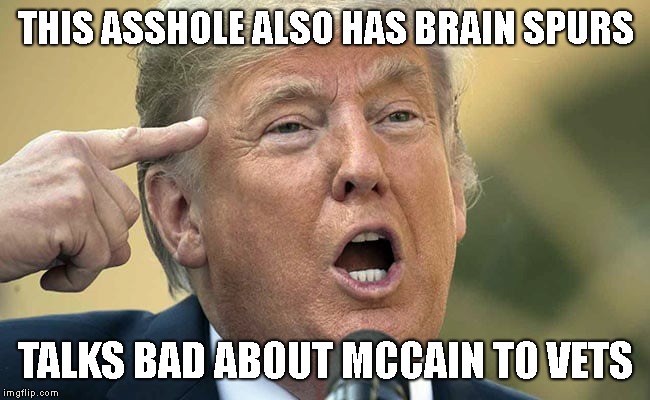 What War Did You Fight In Donald "The Coward" Trump? | THIS ASSHOLE ALSO HAS BRAIN SPURS; TALKS BAD ABOUT MCCAIN TO VETS | image tagged in donald trump is an idiot,trump is an asshole,criminal,traitor,impeach trump | made w/ Imgflip meme maker