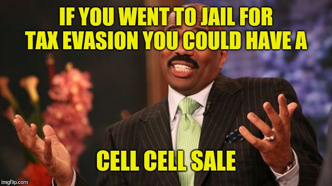 Steve Harvey Meme | IF YOU WENT TO JAIL FOR TAX EVASION YOU COULD HAVE A CELL CELL SALE | image tagged in memes,steve harvey | made w/ Imgflip meme maker