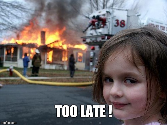 Disaster Girl Meme | TOO LATE ! | image tagged in memes,disaster girl | made w/ Imgflip meme maker