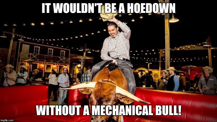 Mechanical Bull | IT WOULDN'T BE A HOEDOWN; WITHOUT A MECHANICAL BULL! | image tagged in bull | made w/ Imgflip meme maker