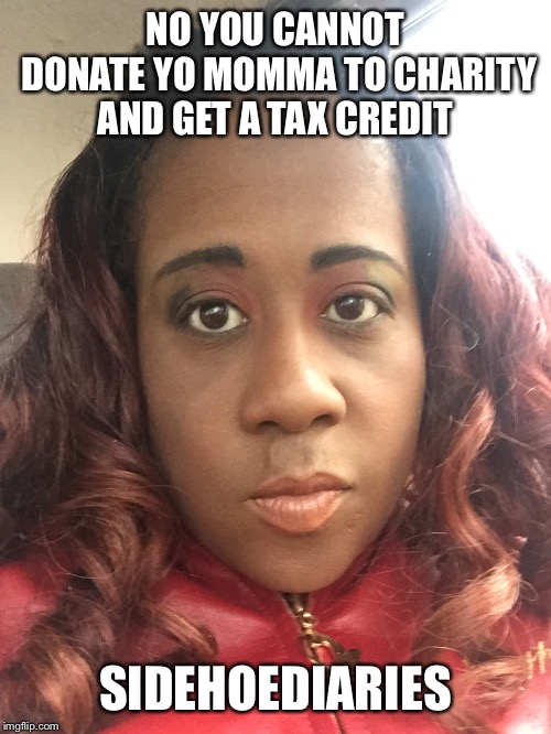 NO YOU CANNOT DONATE YO MOMMA TO CHARITY AND GET A TAX CREDIT; SIDEHOEDIARIES | image tagged in charity,donation,income taxes | made w/ Imgflip meme maker