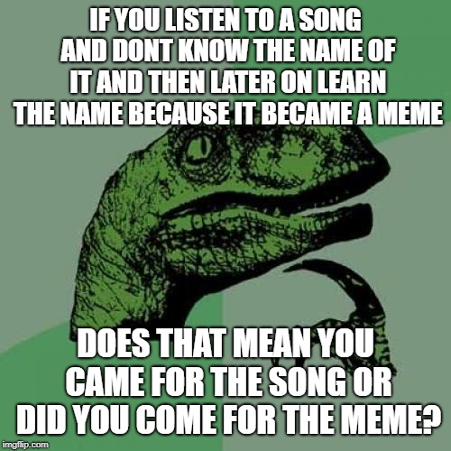Serious Question | IF YOU LISTEN TO A SONG AND DONT KNOW THE NAME OF IT AND THEN LATER ON LEARN THE NAME BECAUSE IT BECAME A MEME; DOES THAT MEAN YOU CAME FOR THE SONG OR DID YOU COME FOR THE MEME? | image tagged in memes,philosoraptor,funny | made w/ Imgflip meme maker