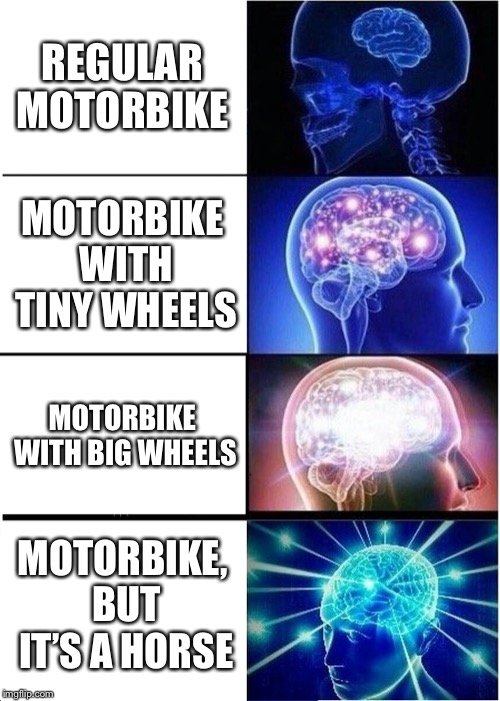 Mario kart 8 | REGULAR MOTORBIKE; MOTORBIKE WITH TINY WHEELS; MOTORBIKE WITH BIG WHEELS; MOTORBIKE, BUT IT’S A HORSE | image tagged in memes,expanding brain | made w/ Imgflip meme maker