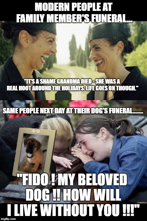 Modern people and their mixed up values and priorities.  | MODERN PEOPLE AT FAMILY MEMBER'S FUNERAL... "IT'S A SHAME GRANDMA DIED - SHE WAS A REAL HOOT AROUND THE HOLIDAYS. LIFE GOES ON THOUGH."; SAME PEOPLE NEXT DAY AT THEIR DOG'S FUNERAL........ "FIDO ! MY BELOVED DOG !! HOW WILL I LIVE WITHOUT YOU !!!" | image tagged in pet idolatry,peta,animal rights,dogs,fake service dogs | made w/ Imgflip meme maker