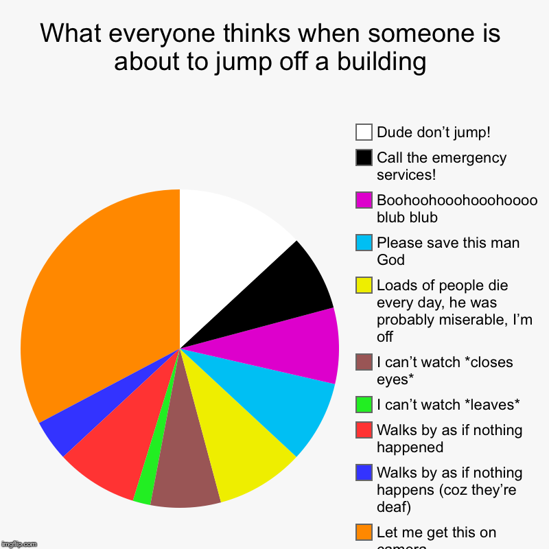 What would you do? | What everyone thinks when someone is about to jump off a building | Let me get this on camera, Walks by as if nothing happens (coz they’re d | image tagged in charts,pie charts | made w/ Imgflip chart maker