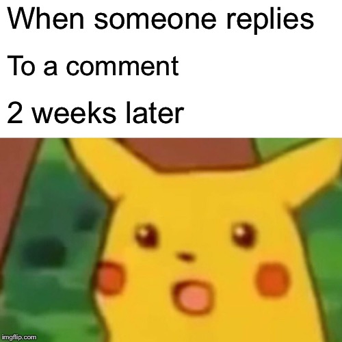 Surprised Pikachu Meme | When someone replies To a comment 2 weeks later | image tagged in memes,surprised pikachu | made w/ Imgflip meme maker