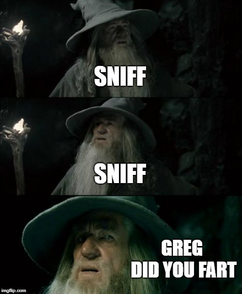 did you fart | SNIFF; SNIFF; GREG DID YOU FART | image tagged in memes,confused gandalf | made w/ Imgflip meme maker