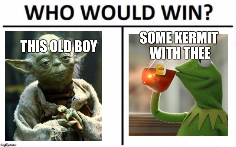 the ultime quistion | SOME KERMIT WITH THEE; THIS OLD BOY | image tagged in memes,who would win,kermit the frog,star wars yoda,kermit,ultimate slap fight | made w/ Imgflip meme maker