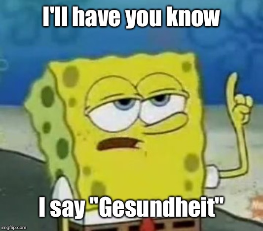 I'll Have You Know Spongebob Meme | I'll have you know I say "Gesundheit" | image tagged in memes,ill have you know spongebob | made w/ Imgflip meme maker