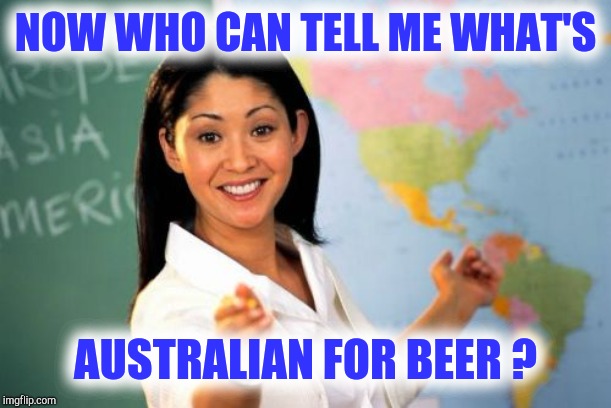 Unhelpful High School Teacher Meme | NOW WHO CAN TELL ME WHAT'S AUSTRALIAN FOR BEER ? | image tagged in memes,unhelpful high school teacher | made w/ Imgflip meme maker