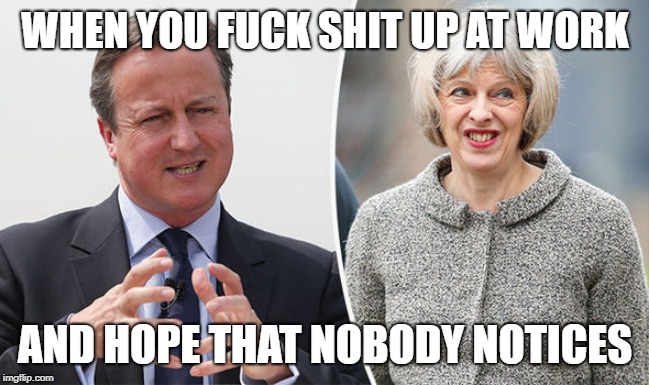 WHEN YOU FUCK SHIT UP AT WORK; AND HOPE THAT NOBODY NOTICES | image tagged in brexit,nonsense,traitors | made w/ Imgflip meme maker