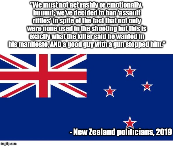 New Zealand prayers | "We must not act rashly or emotionally, buuuut; we've decided to ban 'assault riffles' in spite of the fact that not only were none used in the shooting but this is exactly what the killer said he wanted in his manifesto, AND a good guy with a gun stopped him."; - New Zealand politicians, 2019 | image tagged in new zealand,liberal logic,gun control,politics | made w/ Imgflip meme maker