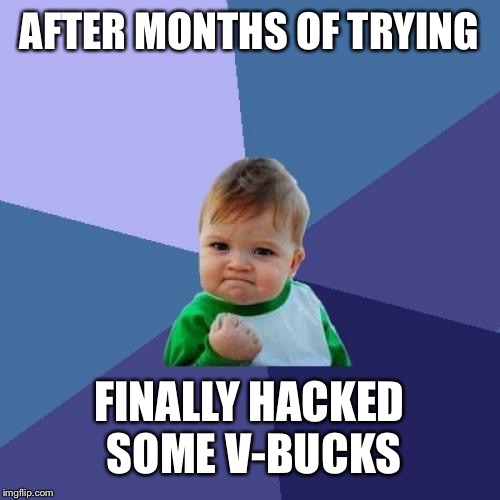 Success Kid | AFTER MONTHS OF TRYING; FINALLY HACKED SOME V-BUCKS | image tagged in memes,success kid | made w/ Imgflip meme maker