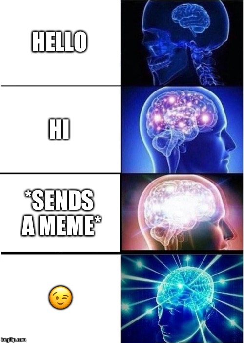 How to start a text conversation | HELLO; HI; *SENDS A MEME*; 😉 | image tagged in memes,expanding brain,texting,conversation | made w/ Imgflip meme maker