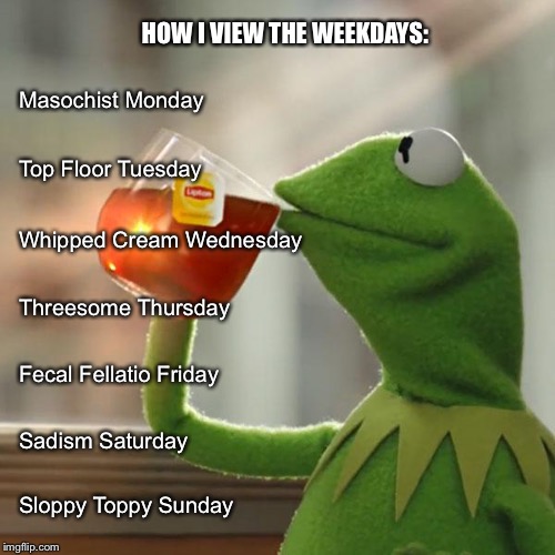 But That's None Of My Business Meme | HOW I VIEW THE WEEKDAYS:; Masochist Monday; Top Floor Tuesday; Whipped Cream Wednesday; Threesome Thursday; Fecal Fellatio Friday; Sadism Saturday; Sloppy Toppy Sunday | image tagged in memes,but thats none of my business,kermit the frog | made w/ Imgflip meme maker