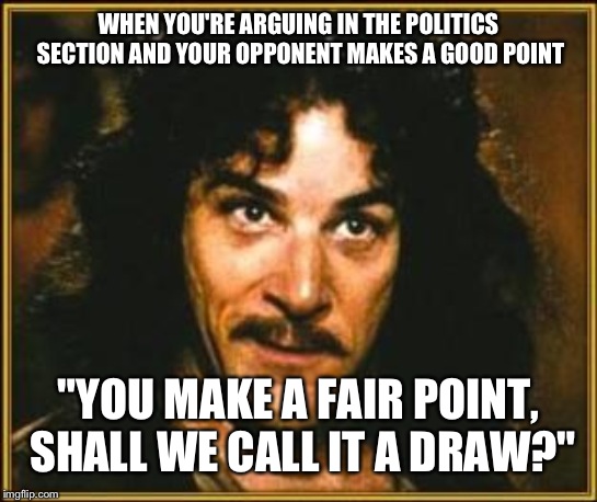 princess bride | WHEN YOU'RE ARGUING IN THE POLITICS SECTION AND YOUR OPPONENT MAKES A GOOD POINT; "YOU MAKE A FAIR POINT, SHALL WE CALL IT A DRAW?" | image tagged in princess bride | made w/ Imgflip meme maker