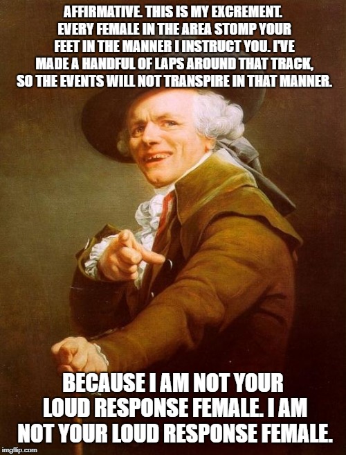 Joseph Ducreux Meme | AFFIRMATIVE. THIS IS MY EXCREMENT. EVERY FEMALE IN THE AREA STOMP YOUR FEET IN THE MANNER I INSTRUCT YOU. I'VE MADE A HANDFUL OF LAPS AROUND THAT TRACK, SO THE EVENTS WILL NOT TRANSPIRE IN THAT MANNER. BECAUSE I AM NOT YOUR LOUD RESPONSE FEMALE. I AM NOT YOUR LOUD RESPONSE FEMALE. | image tagged in memes,joseph ducreux | made w/ Imgflip meme maker