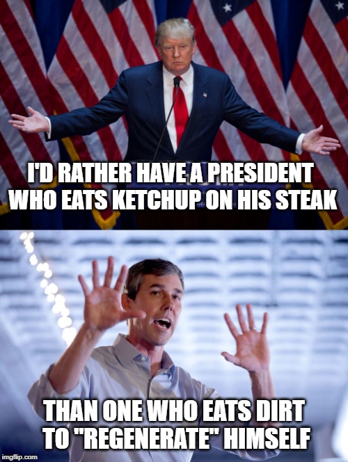 I'D RATHER HAVE A PRESIDENT WHO EATS KETCHUP ON HIS STEAK; THAN ONE WHO EATS DIRT TO "REGENERATE" HIMSELF | image tagged in donald trump | made w/ Imgflip meme maker