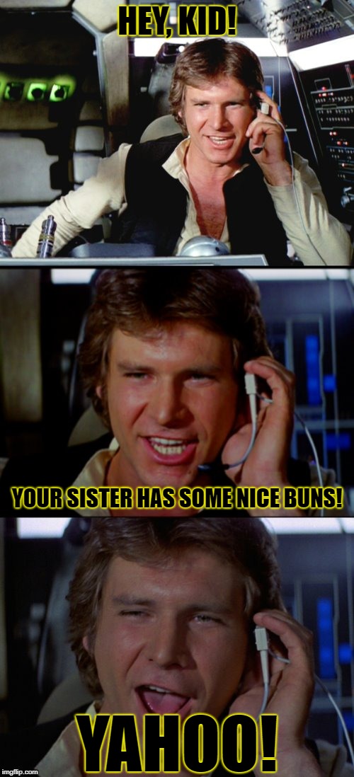 Yahoo | HEY, KID! YOUR SISTER HAS SOME NICE BUNS! YAHOO! | image tagged in bad pun han solo,memes,star wars,han solo | made w/ Imgflip meme maker