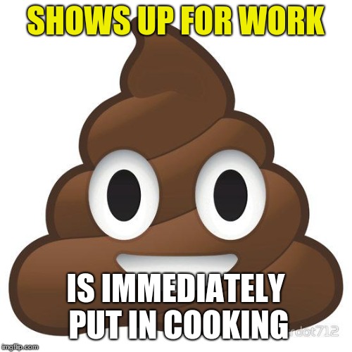 SHOWS UP FOR WORK IS IMMEDIATELY PUT IN COOKING | image tagged in poop | made w/ Imgflip meme maker