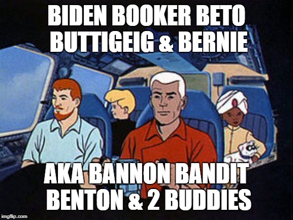 Hanna Barbera 2020 | BIDEN BOOKER BETO BUTTIGEIG & BERNIE; AKA BANNON BANDIT BENTON & 2 BUDDIES | image tagged in johnny quest | made w/ Imgflip meme maker