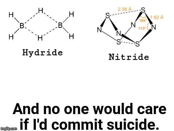 New template of mine, I got the idea when I was in my Chemistry class in school.  | And no one would care if I'd commit suicide. | image tagged in hydride nitride,suicide,jk | made w/ Imgflip meme maker