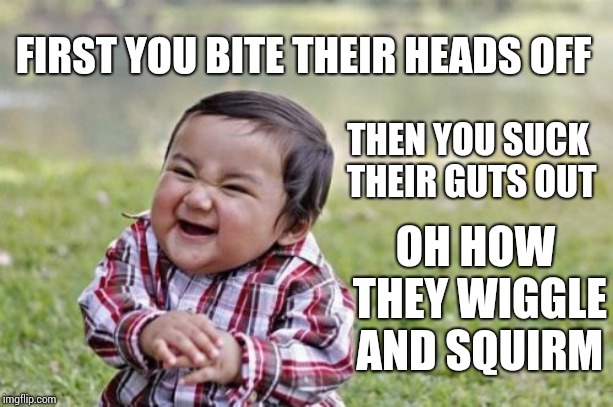 Evil Toddler Meme | FIRST YOU BITE THEIR HEADS OFF OH HOW THEY WIGGLE AND SQUIRM THEN YOU SUCK THEIR GUTS OUT | image tagged in memes,evil toddler | made w/ Imgflip meme maker