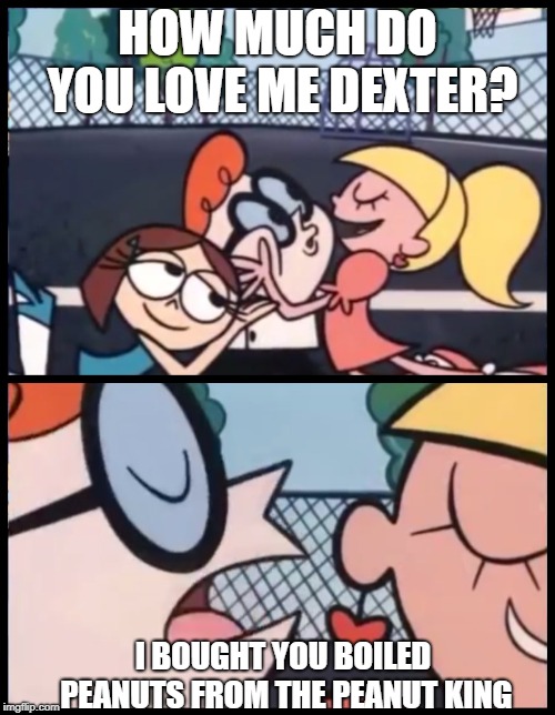 Say it Again, Dexter | HOW MUCH DO YOU LOVE ME DEXTER? I BOUGHT YOU BOILED PEANUTS FROM THE PEANUT KING | image tagged in memes,say it again dexter | made w/ Imgflip meme maker