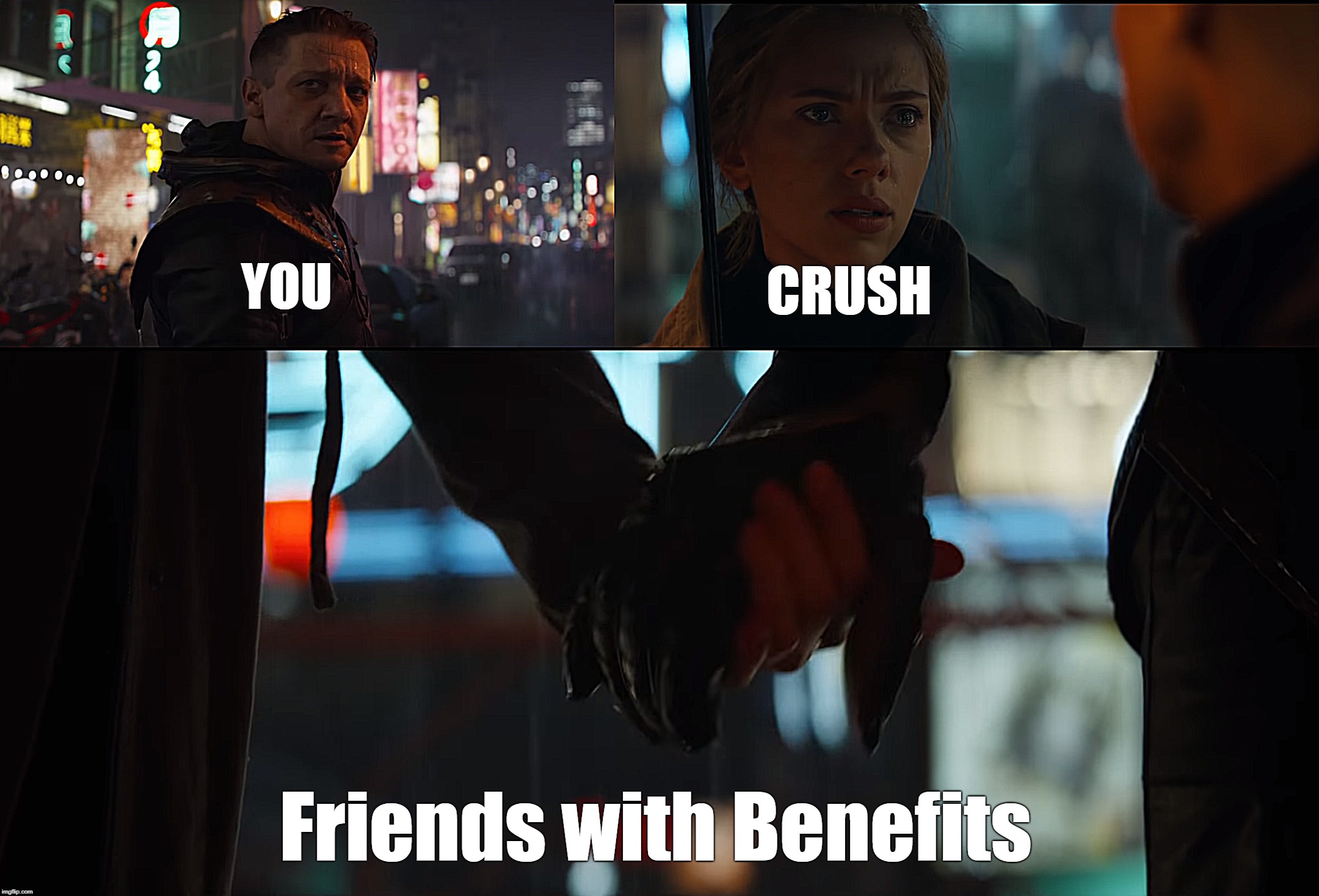 Avengers endgame | CRUSH; YOU; Friends with Benefits | image tagged in avengers endgame,avengers,avengers infinity war,avengers 4,avengers infinity war running | made w/ Imgflip meme maker