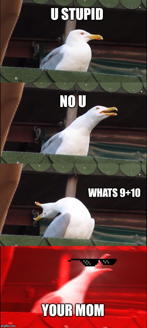 Inhaling Seagull | U STUPID; NO U; WHATS 9+10; YOUR MOM | image tagged in memes,inhaling seagull | made w/ Imgflip meme maker