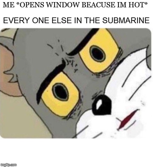 Tom and Jerry meme | EVERY ONE ELSE IN THE SUBMARINE; ME *OPENS WINDOW BEACUSE IM HOT* | image tagged in tom and jerry meme | made w/ Imgflip meme maker