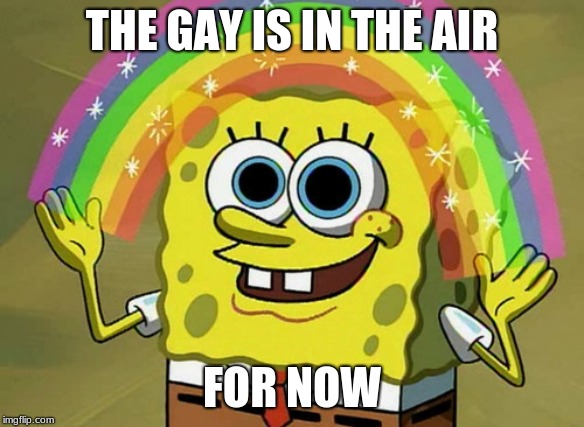 Imagination Spongebob Meme | THE GAY IS IN THE AIR; FOR NOW | image tagged in memes,imagination spongebob | made w/ Imgflip meme maker