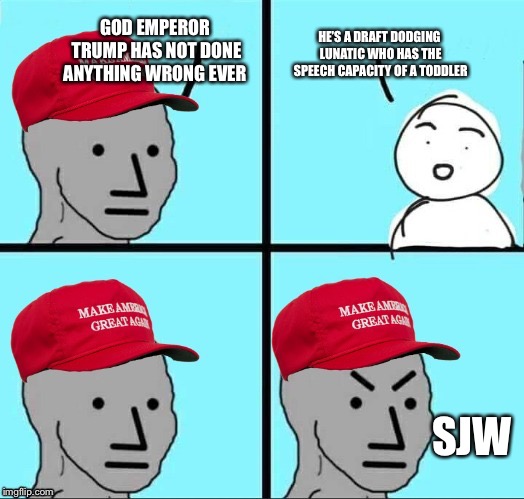 MAGA NPC (AN AN0NYM0US TEMPLATE) | HE’S A DRAFT DODGING LUNATIC WHO HAS THE SPEECH CAPACITY OF A TODDLER; GOD EMPEROR TRUMP HAS NOT DONE ANYTHING WRONG EVER; SJW | image tagged in maga npc | made w/ Imgflip meme maker
