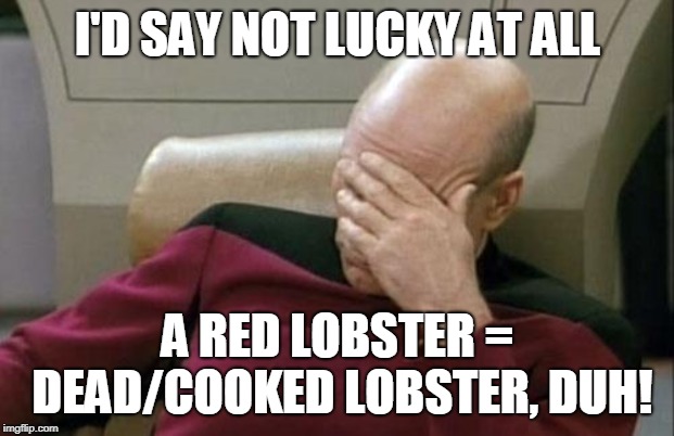 Captain Picard Facepalm Meme | I'D SAY NOT LUCKY AT ALL A RED LOBSTER = DEAD/COOKED LOBSTER, DUH! | image tagged in memes,captain picard facepalm | made w/ Imgflip meme maker