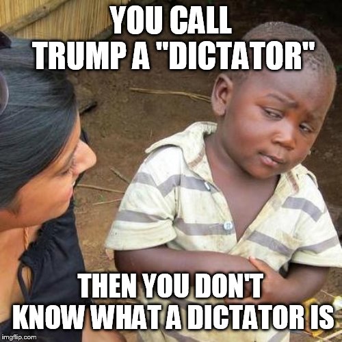 Third World Skeptical Kid Meme | YOU CALL TRUMP A "DICTATOR" THEN YOU DON'T KNOW WHAT A DICTATOR IS | image tagged in memes,third world skeptical kid | made w/ Imgflip meme maker