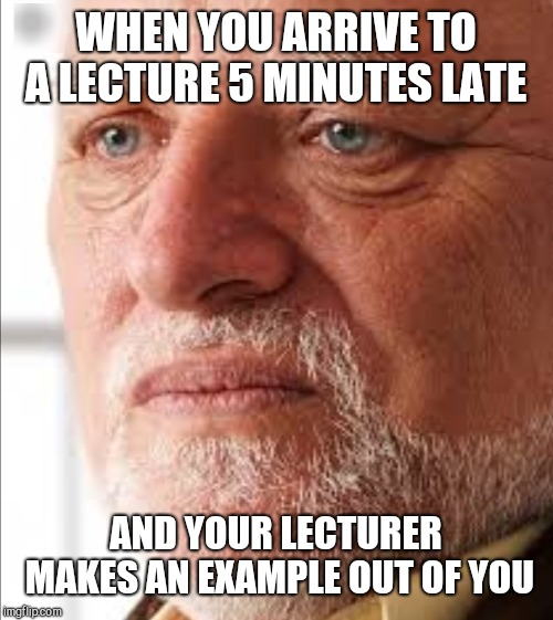 WHEN YOU ARRIVE TO A LECTURE 5 MINUTES LATE; AND YOUR LECTURER MAKES AN EXAMPLE OUT OF YOU | image tagged in hide the pain harold,lecturer,running late | made w/ Imgflip meme maker