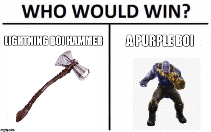 Who Would Win? | LIGHTNING BOI HAMMER; A PURPLE BOI | image tagged in memes,who would win | made w/ Imgflip meme maker